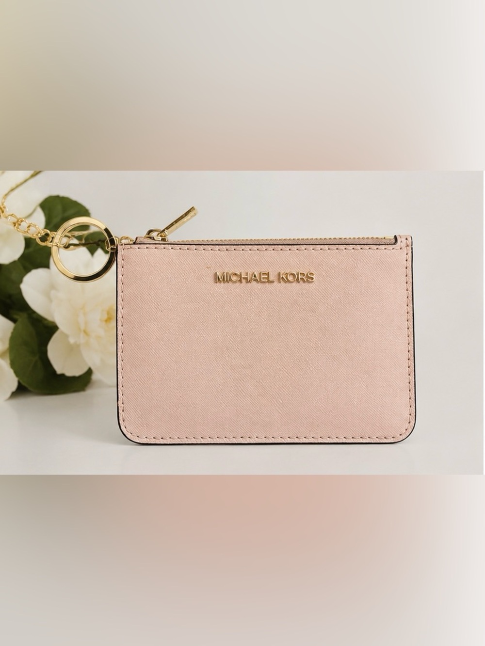 NWT Michael Kors Jet Set Travel Powder Blush Leather Card Holder Wallet Keychain